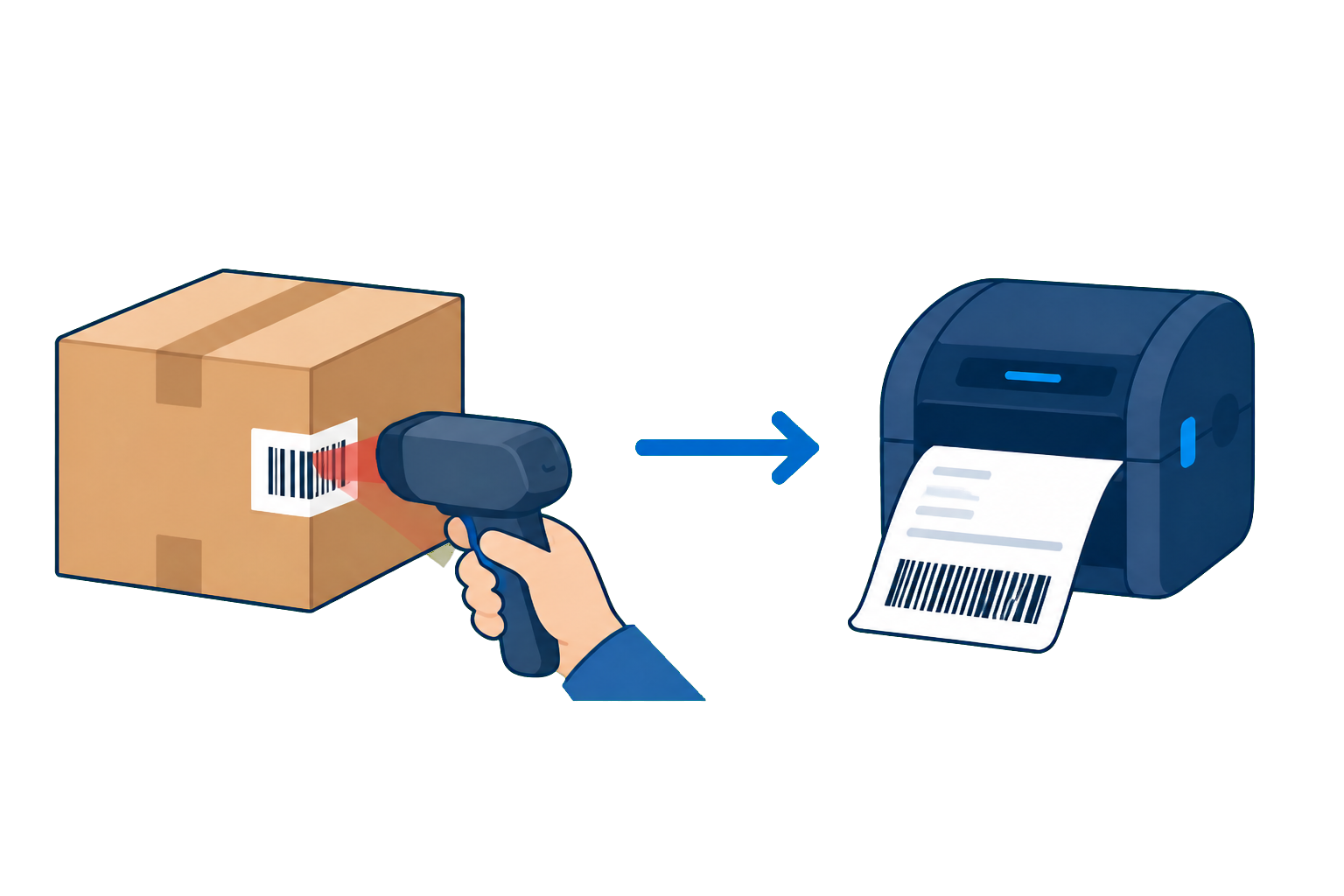 荷物のバーコードを読み取って対応する送り状を印刷するイメージ